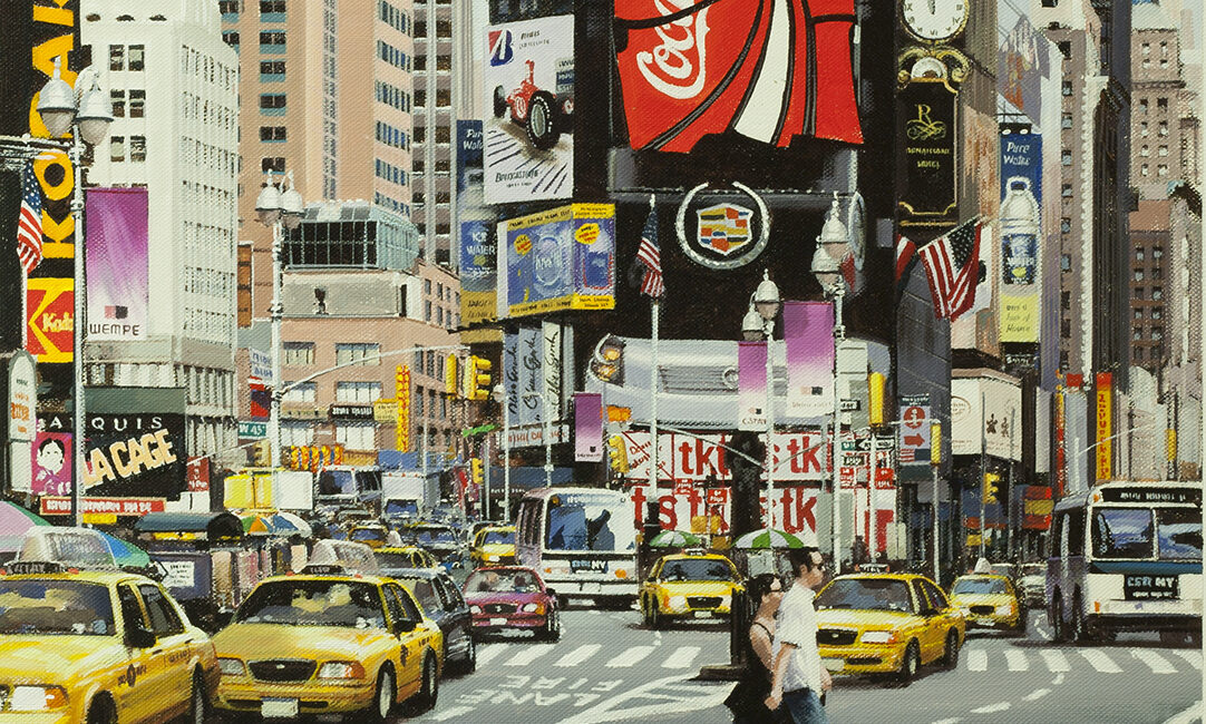Two people crossing Times Square