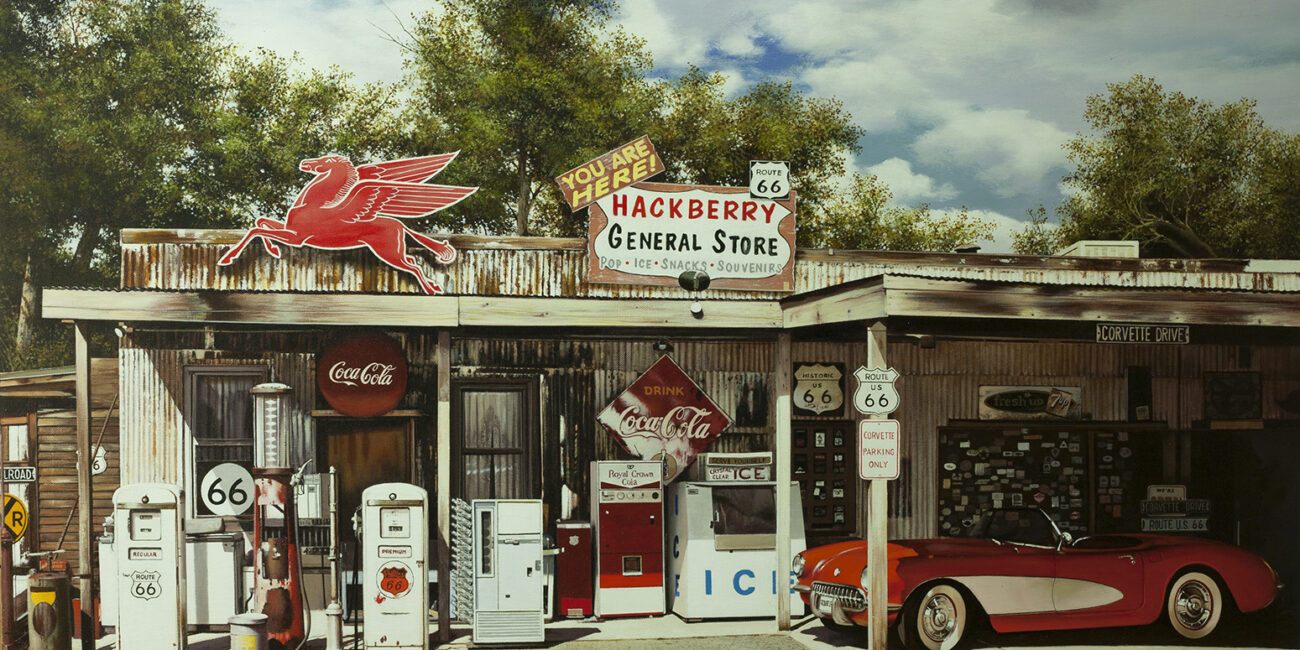 A corvette parked in front of a gas station at Route 66
