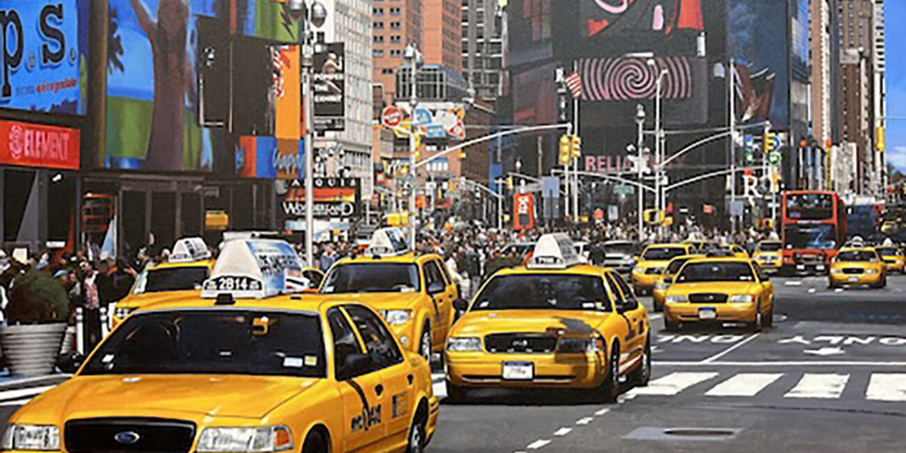 Yellow cabs in a line in Times Square in New York