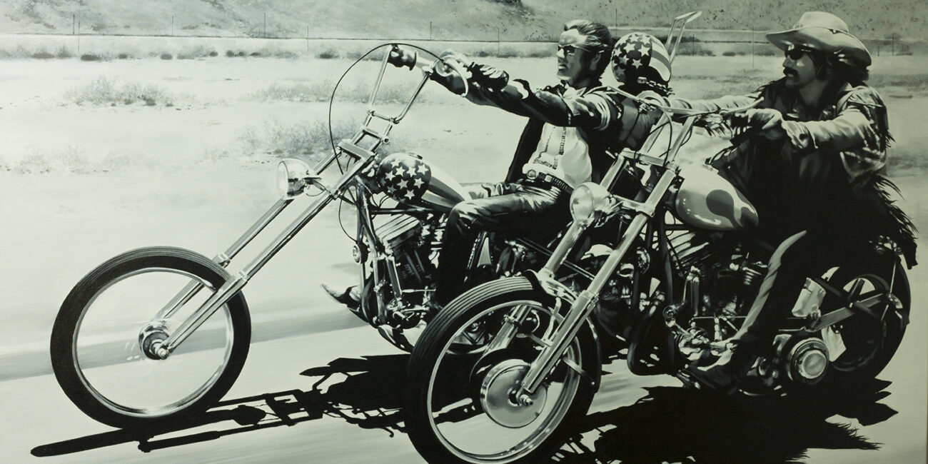 Hopper and Fonda riding their motorcycles from Easy Rider movie
