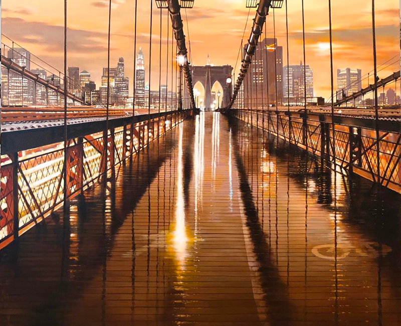 A perspective view on the bridge with a reflection of the sun