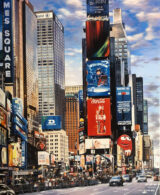 Cars crossing Times Square with some advertisings like PGIM and Coke