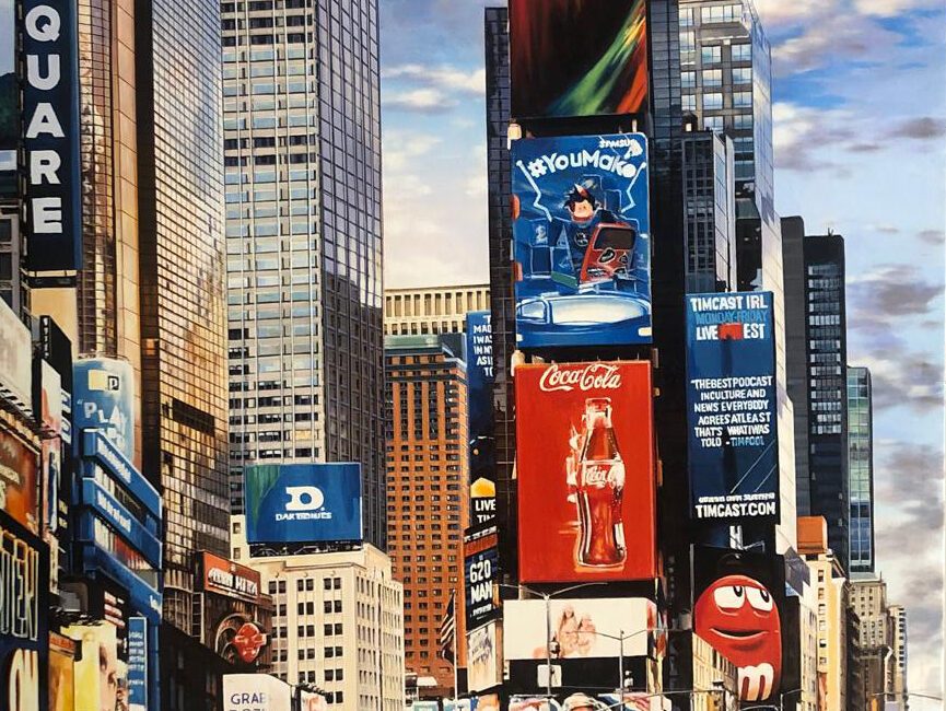 Cars crossing Times Square with some advertisings like PGIM and Coke